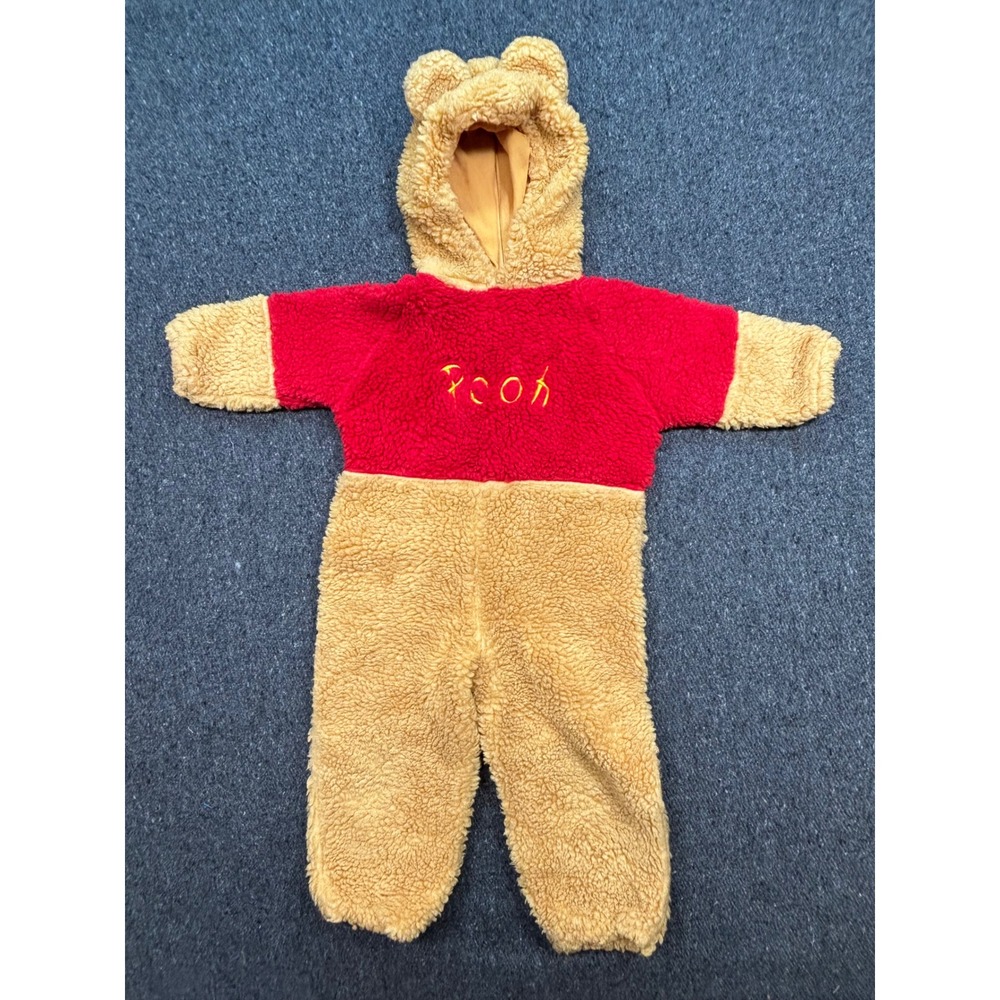 Disney Store Winnie the Pooh Fleece Coverall Sz 2-4T Gold Red Bear Ear Hood 90s